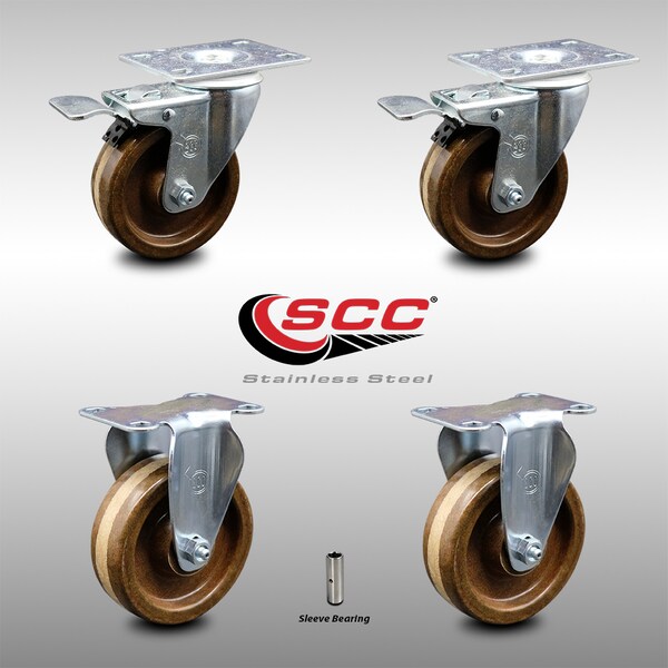 Service Caster 4 Inch SS High Temp Phenolic Top Plate Caster Lock Brake 2 Rigid SCC, 2PK SCC-SSTTL20S414-PHSHT-2-R-2 - main